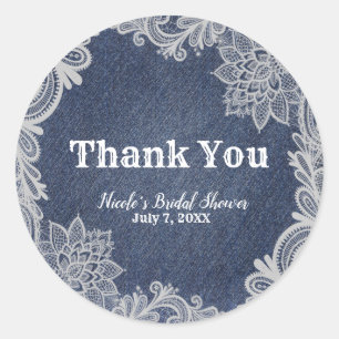 Denim & Wit Bloemen Kant Elegant Bruiloft Favor Ronde Sticker