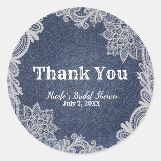 Denim & Wit Bloemen Kant Elegant Bruiloft Favor Ronde Sticker (Voorkant)