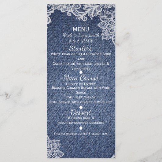 Denim & Wit Bloemen Kant Elegant Bruiloft Menu (Voorkant)