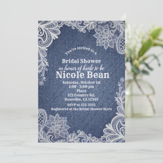 Denim & wit bloemenkant Elegant Vrijgezellenfeest Kaart (Staand voorkant)