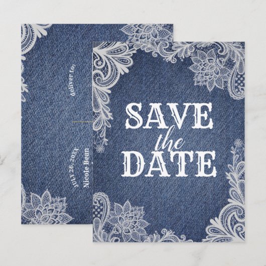 Denim & Witte Bloemenslak Elegante Save The Date Aankondigingskaart (Voorkant / Achterkant)