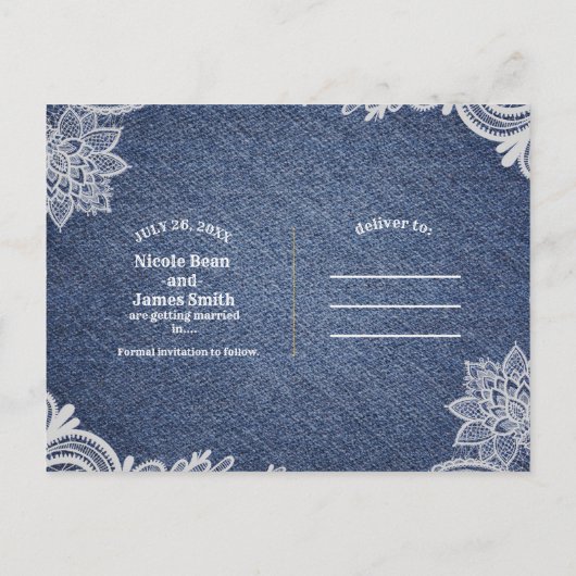 Denim & Witte Bloemenslak Elegante Save The Date Aankondigingskaart (Achterkant)