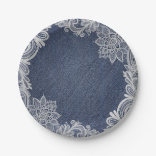 Denim & Witte Bloemenslak Elegante Vintage Trouwju Papieren Bordje