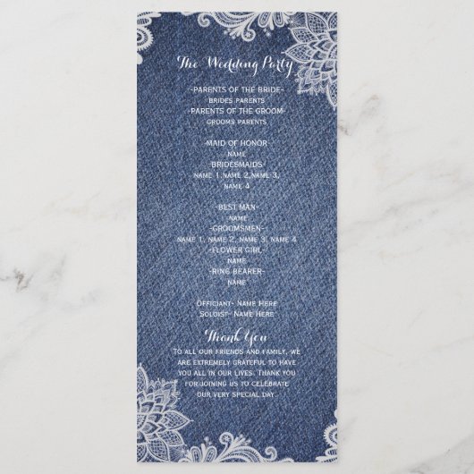 Denim & Witte Bloemslinger Bruidsprogramma Rek Programmakaart (Achterkant)
