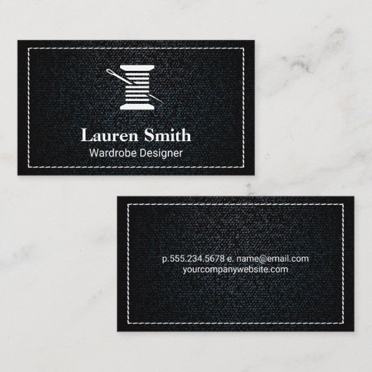 Denim | Witte gestikte randdraad en naald Visitekaartje (Voorkant / Achterkant)