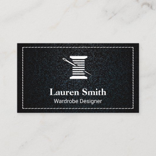 Denim | Witte gestikte randdraad en naald Visitekaartje (Voorkant)