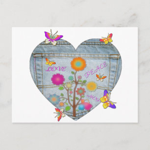 Denim Zak Hart Bloemen Vlinders Briefkaart