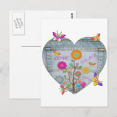 Denim Zak Hart Bloemen Vlinders Briefkaart (Voorkant / Achterkant)
