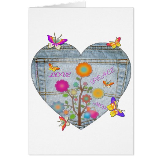 Denim Zak Hart Bloemen Vlinders Kaart (Voorkant)