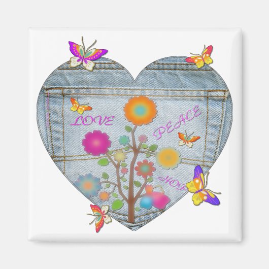 Denim Zak Hart Bloemen Vlinders Magneet (Voorkant)