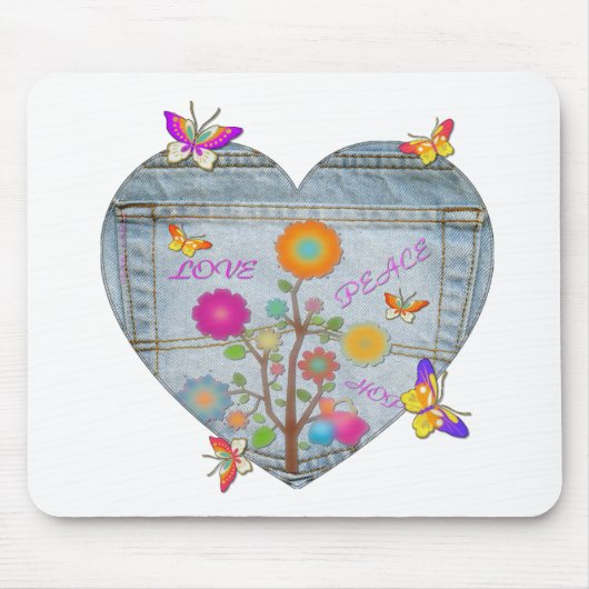 Denim Zak Hart Bloemen Vlinders Muismat (Voorkant)
