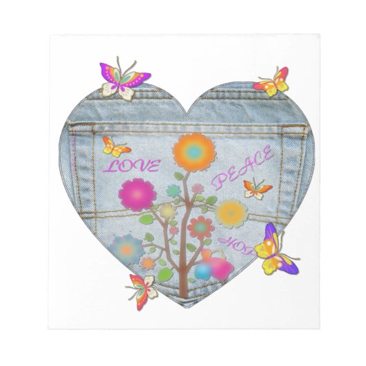 Denim Zak Hart Bloemen Vlinders Notitieblok (Voorkant)