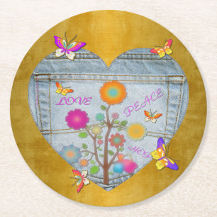 Denim Zak Hart Bloemen Vlinders Ronde Kartonnen Onderzetter