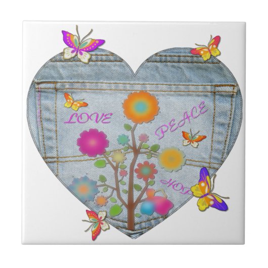 Denim Zak Hart Bloemen Vlinders Tegeltje (Voorkant)