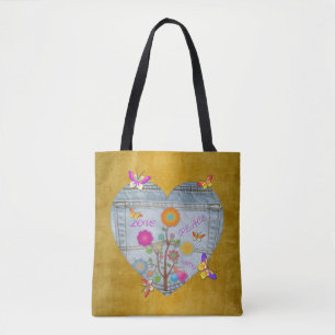 Denim Zak Hart Bloemen Vlinders Tote Bag