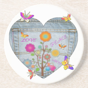 Denim Zak Hart Bloemen Vlinders Zandsteen Onderzetter