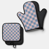 "Denimblauw, parelroze" Gingham Ovenwant & Pannenlap Set (Voorkant / Achterkant)