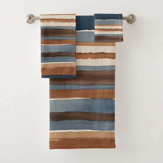 Denimblauwe roest en bruine strepen bad handdoek (Insitu)