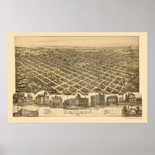 Denison, TX Panoramic Map - 1891 Poster (Voorkant)