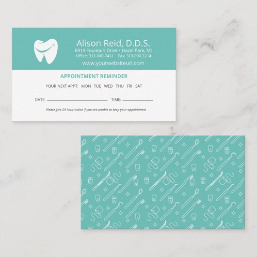 Denist Appointment Herinneringen tandheelkundige O Visitekaartje (Voorkant / Achterkant)
