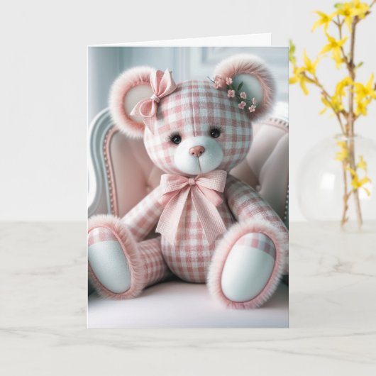 Denk aan Gingham Teddy Bear Kaart (Gele Bloem)