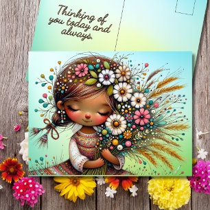 Denk aan je Retro Girl Bloemen Briefkaart