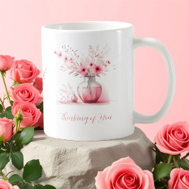 Denk aan je roze bloemen en vaas sympathie koffiemok