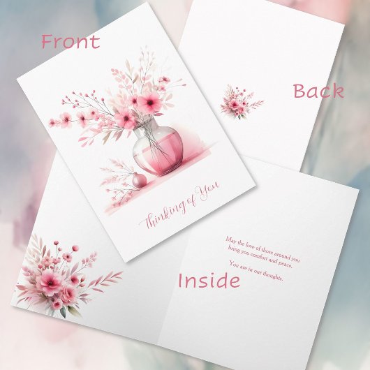 Denk aan je roze vaas en bloemen sympathie kaart