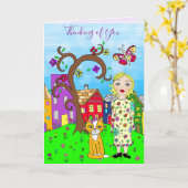 Denk aan je Whimsical Lady en Cat Friendship Kaart (Gele Bloem)