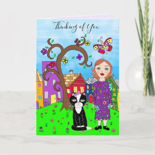 Denk aan je Whimsical Lady en Cat Friendship Kaart