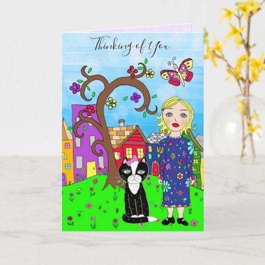 Denk aan je Whimsical Lady en Cat Friendship Kaart (Gele Bloem)