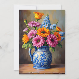 Denk aan jou blauwe witte pitcher heldere bloemen kaart