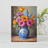 Denk aan jou blauwe witte pitcher heldere bloemen kaart (Staand voorkant)