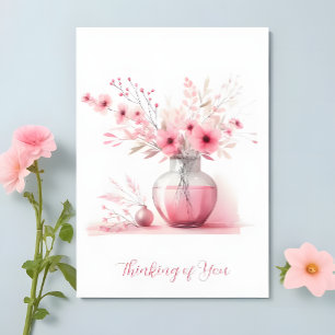 Denk Aan Jou Roze Vaas en Bloemen Condoleance Kaart