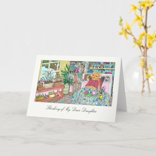 Denk aan mijn beste dochter met kat aan tafel kaart (Gele Bloem)