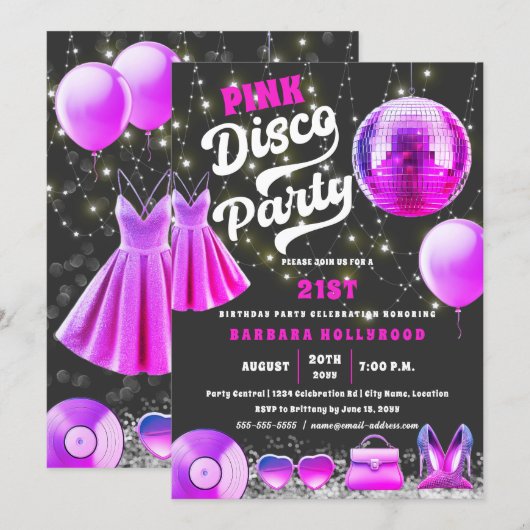 Denk aan Pink Core Disco Party Kaart (Voorkant / Achterkant)