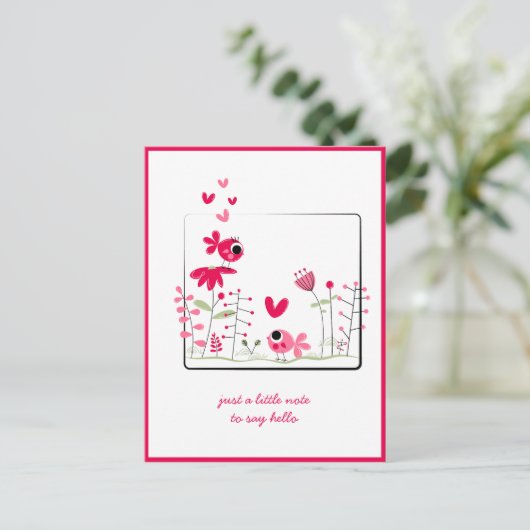 Denk aan roze roze roze roze vogelbloemen briefkaart (Staand voorkant)