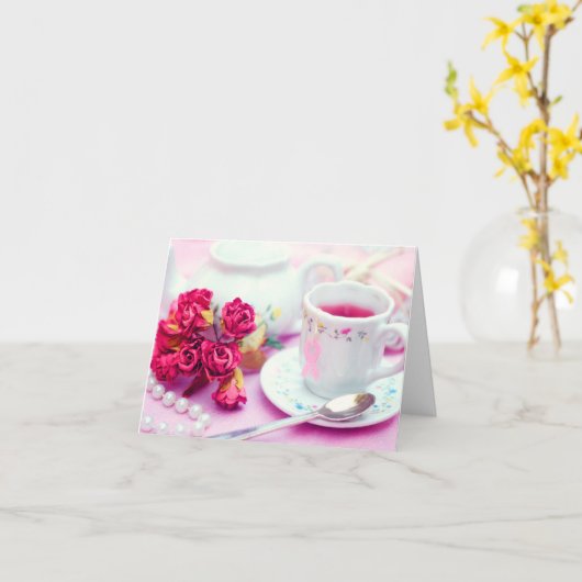 Denk aan roze thee kaart (Gele Bloem)