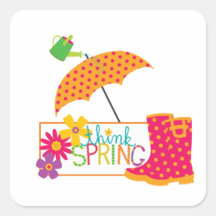 Denk aan Spring Galoshes Flowers Umbrella Vierkante Sticker