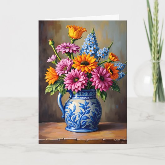 Denk aan u blauwe witte pitcher heldere bloemen kaart (Voorkant)