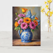 Denk aan u blauwe witte pitcher heldere bloemen kaart (Gele Bloem)