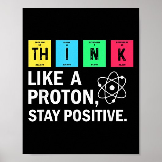 Denk als een proton blijf positieve grappige weten poster (Voorkant)