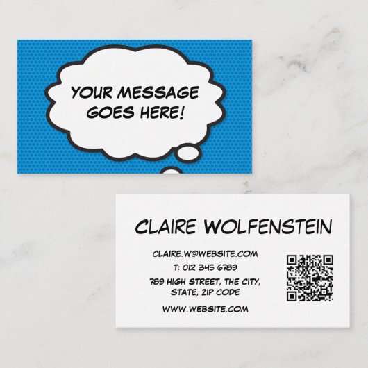 Denk Bubbel QR Code Plezierig Stripboek Blauw Visitekaartje (Voorkant / Achterkant)