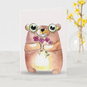 denken aan het beer van de waterverf met bouquet kaart (Gele Bloem)