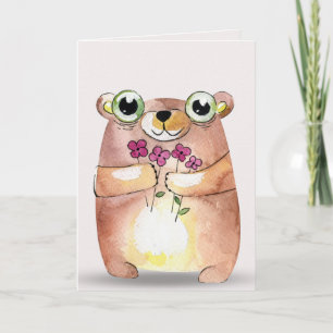 denken aan het beer van de waterverf met bouquet kaart