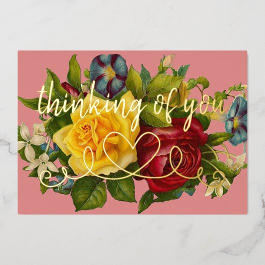 Denken aan je hart op kleurrijke  Rozen Folie Uitnodiging (Voorkant)