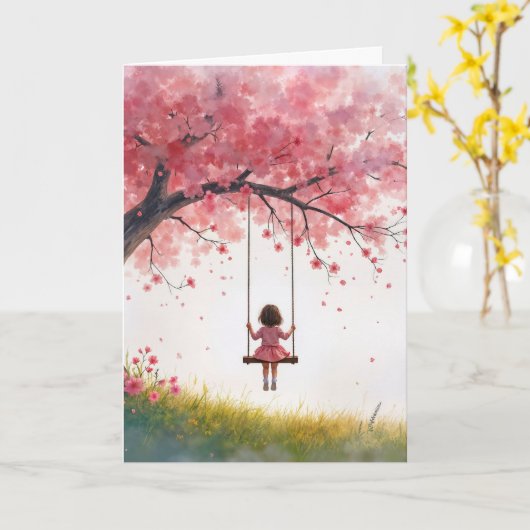 Denken aan je meisje op Cherry Tree Swing Kaart (Gele Bloem)