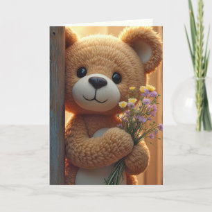 Denken aan je teddybeer met wildflower boeket kaart