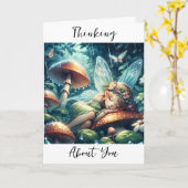 Denken aan jou | Fairy Slapen op een paddenstoel Kaart (Gele Bloem)