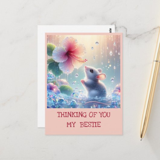 Denken aan jou Pink Blush Flower Mystical Mouse Briefkaart (Voorkant / Achterkant in situ)